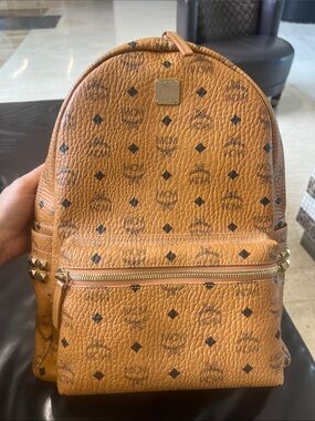 MCM Cognac Monogrammed Visetos Backpack with Gold Hardware